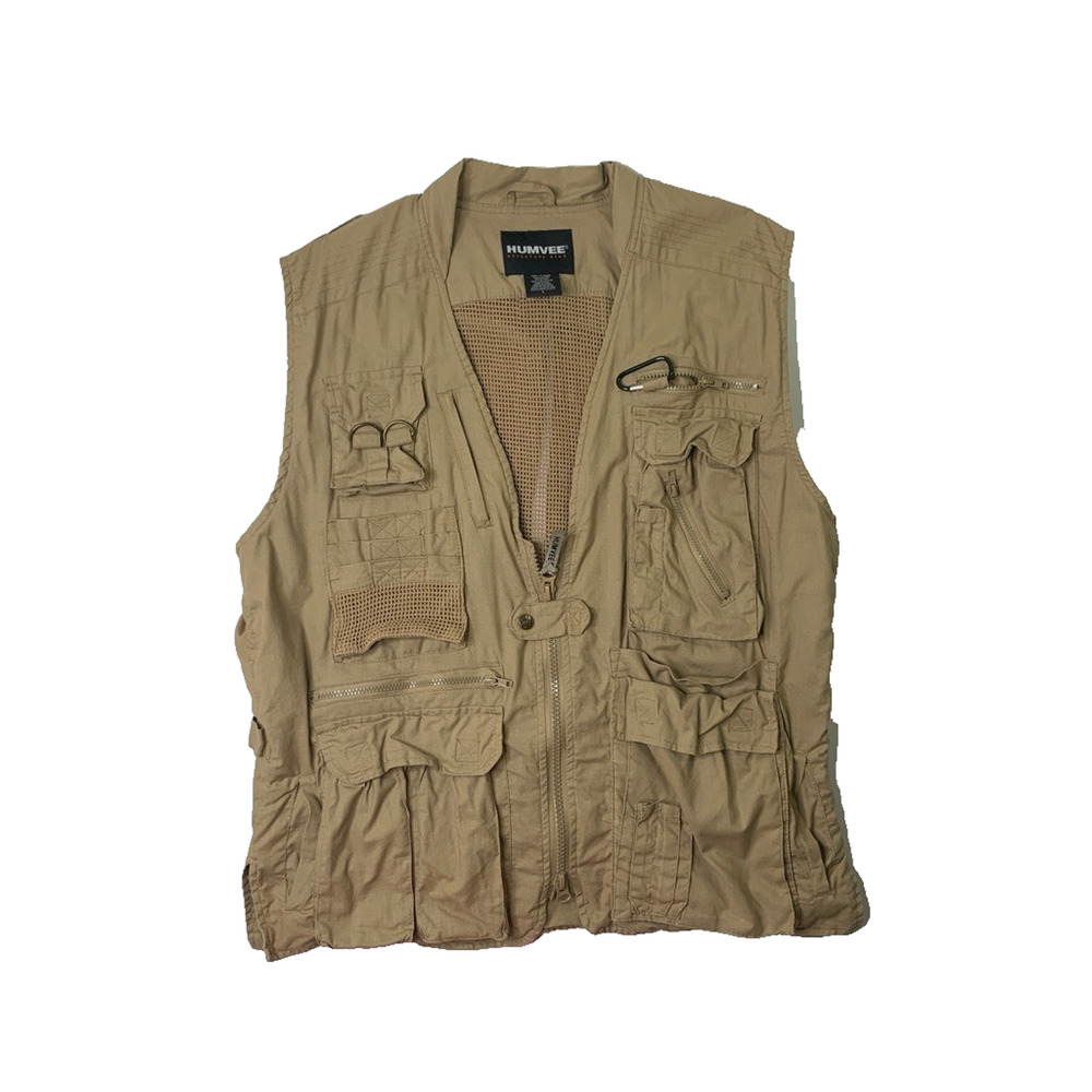 Humvee Vest Mens Large Cotton V Neck Zip Up Safari Photo Hunting Fishing Pockets